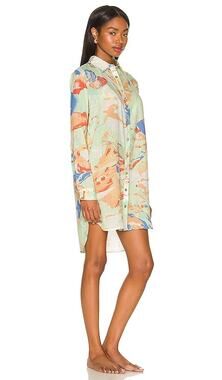 Maaji Pastel Abstract Swirl Viscose Longline Button Up Shirt Tunic Dress coverup